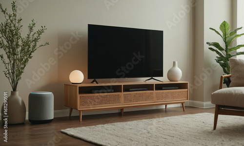 Modern Living Room Interior with Smart Home Technology and Cozy Decor