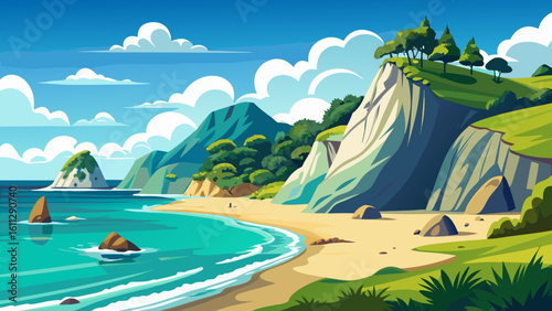 Vector art of gentle waves lap a sandy shore leading to dramatic cliffs and distant islands under a vast blue sky with soft white clouds