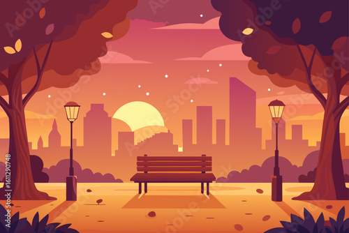 Autumn cityscape illustration with urban park, trees, and buildings silhouetted against the sunset sky, featuring a lonely bench