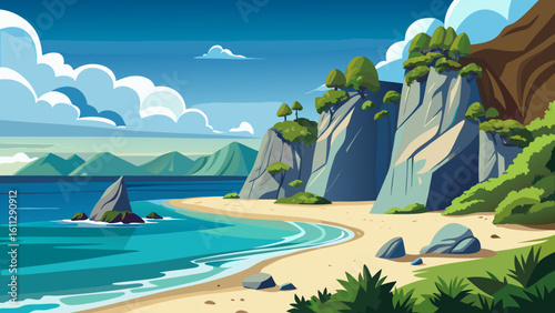 Vector art of a beautiful coastal landscape with dramatic cliffs meeting the turquoise ocean
