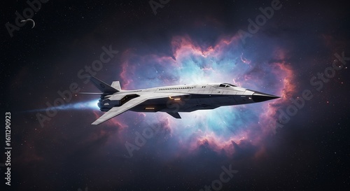 Advanced futuristic spaceship flying through a colorful cosmic nebula in deep space.