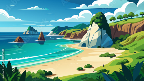 Vector art of a picturesque coastline with distinctive rock formations and lush green hills