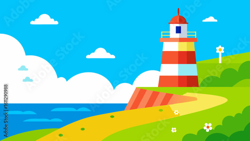 White lighthouse beacon on a summer coastal landscape
