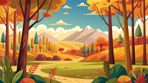 Vector art of a charming autumn landscape unfolds with a winding path through a forest towards rolling hills and distant mountains