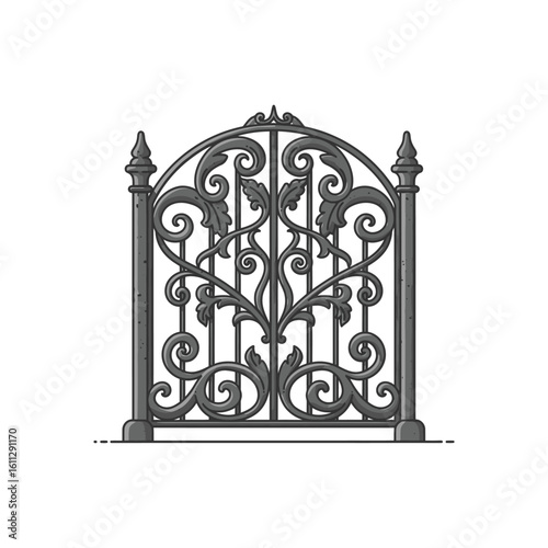 Classic vintage wrought iron gate with ornate floral scrollwork. An elegant, hand-drawn blacksmith's fence design isolated on white.
