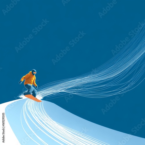 Snowboarder on Artistic Wave with Bright Blue Background