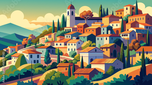 Vector art of a charming italian village rests on a sundrenched hillside under a clear blue sky