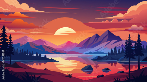Vector art of the sun dips below the horizon, casting a warm glow over mountains and a reflective lake