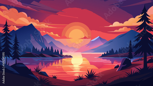 Vector art of a breathtaking sunset paints the sky with vibrant hues over a serene mountain lake