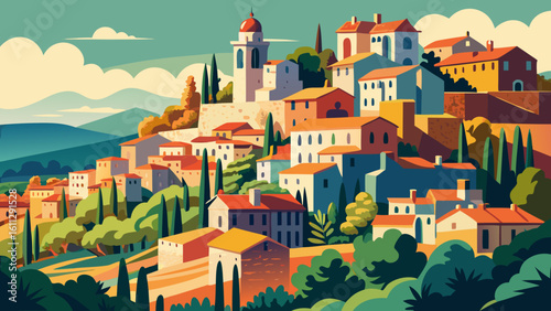 Vector art of an artistic depiction of a classic italian village situated on a verdant hill, with charming houses and a clear blue sky above