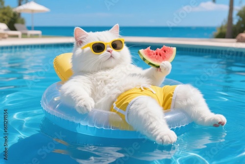 White cat wearing sunglasses and shorts, lounging on a float in a pool with a watermelon slice.