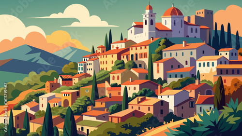 Vector art of a vibrant illustration showcases a mediterranean village perched on a hillside, bathed in the soft light of a setting sun