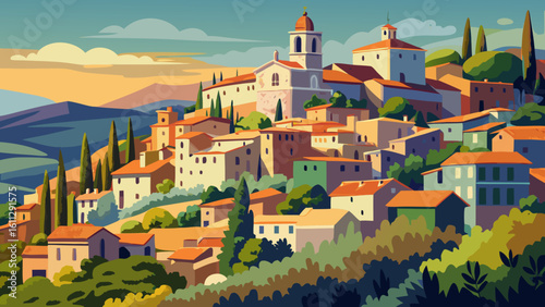 Vector art of a charming italian village nestled on a sundrenched hillside, with terracotta roofs and cypress trees