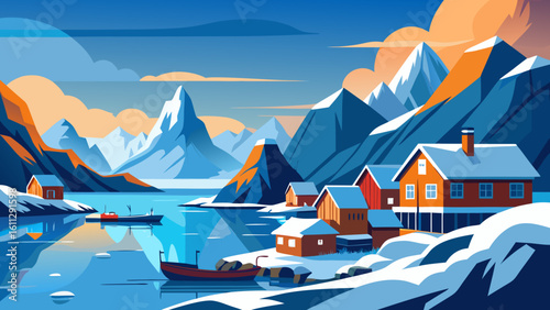 Vector art of a tranquil winter scene in a norwegian fjord, featuring snowcovered mountains and charming red cottages
