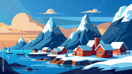 Vector art of a charming winter village nestled beside snowcapped mountains and a tranquil blue bay with a boat