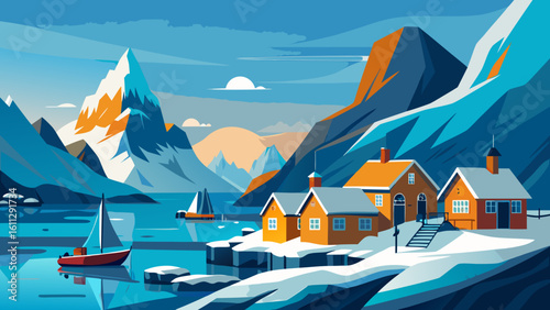 Vector art of a charming winter village nestled beside snowcapped mountains and a tranquil blue bay with a boat