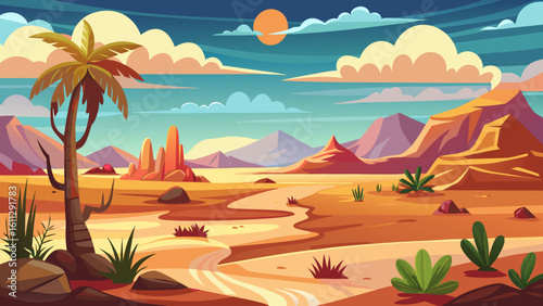 Vector art of a vibrant desert landscape with towering rock formations, a winding path, and a lone palm tree under a colorful sky