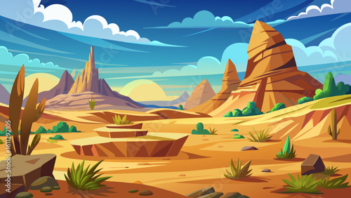 Vector art of a sprawling desert panorama features unique rock formations, sparse vegetation, and a distant sun rising over the majestic mountain range