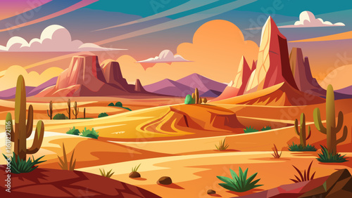 Vector art of dramatic desert scenery at dusk features striking rock formations, silhouetted cacti, and rolling sand dunes under a painted sky