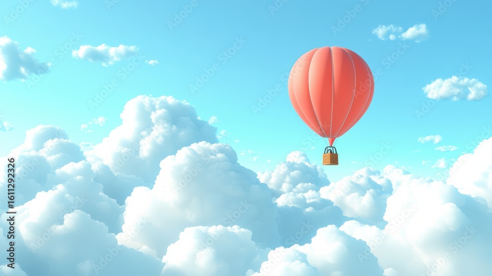 Fototapeta premium Vibrant Hot Air Balloon Floating Above Fluffy White Clouds in a Bright Blue Sky