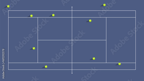 Yellow tennis balls are evenly placed on the blue court.