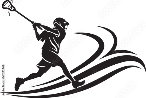 Silhouette illustration of a lacrosse player shooting the ball with artistic swirl elements
