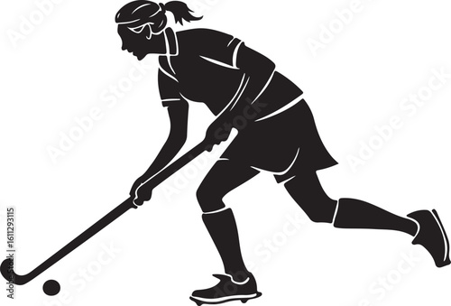 Silhouette of a female field hockey player dribbling the ball on a white background