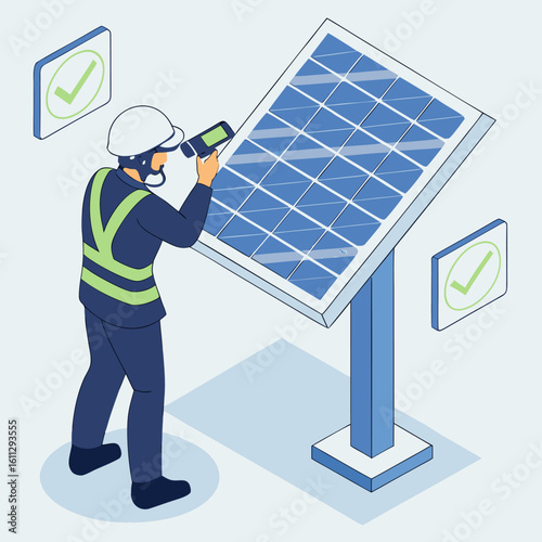 Isometric diagram showing engineer monitoring photovoltaic panels using a thermal camera to detect faults and enhance renewable energy system efficiency.