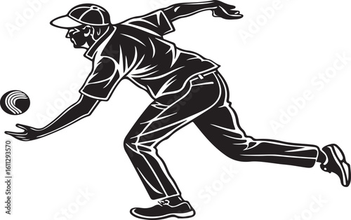 Silhouette of a lawn bowling player in action preparing to release the ball