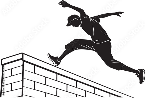 Silhouette of a person performing parkour over a brick wall in dynamic motion