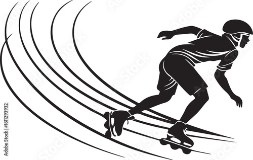 Silhouette of a person rollerblading with speed lines and protective helmet design