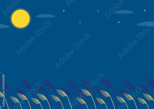 お月見の満月とススキの風景、秋の夜の背景イラスト