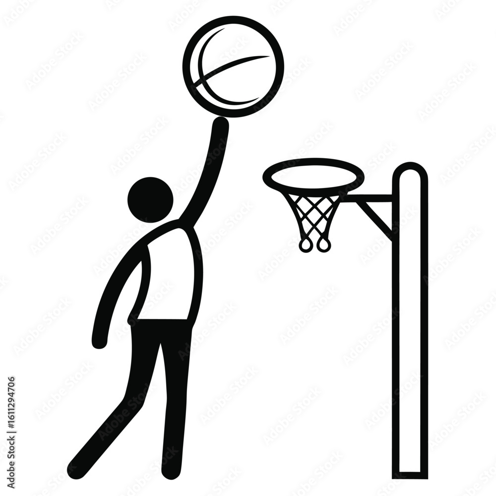 Fototapeta premium A Simplified Black and White Basketball Illustration of a Player Shooting the Ball at the Basket in Motion