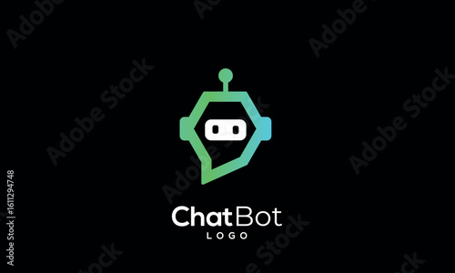 Minimal robot head inside a blue circle, featuring a speech bubble element. Chatbot logo concept for virtual assistant or customer support. Minimal vector design of a cute support bot