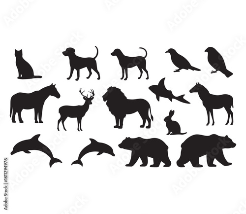 Collection of Silhouettes of Various Animals in Different Poses and Environments	