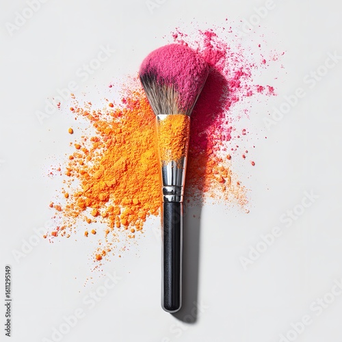 Beauty makeup brush with pink and orange powder on white background cosmetic beauty product still life
