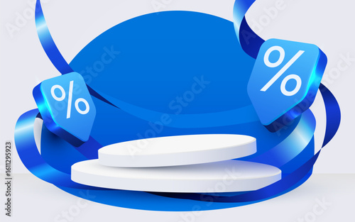 Sale banner. Podium scene background with ribbon. Product presentation, mock up. Vector illustration