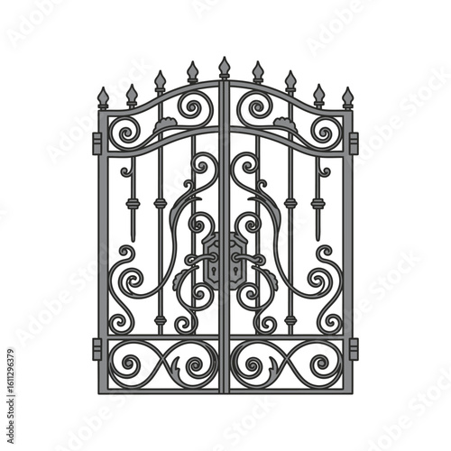 Elegant vintage wrought iron gate with intricate scrollwork and finials. A beautiful illustration of classic blacksmith metalwork.