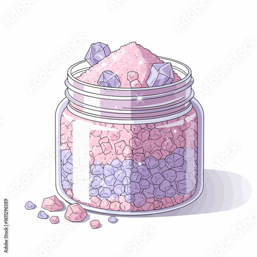 An illustrated glass jar overflowing with sparkling pink and purple crystal bath salts.