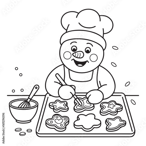 Snowman baker decorating cookies on a baking sheet outline