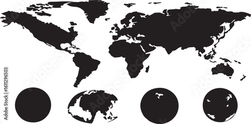 Black and White World Map with Globe Projections Vector Graphics