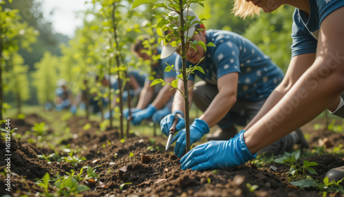 Community tree planting event urban park volunteer activity nature ground level environmental awareness
