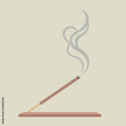Incense Stick Burning with Wisps of Smoke on a Holder.