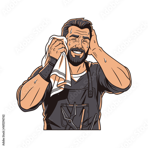 A hardworking artisan wiping his sweaty brow with a towel. A muscular, bearded craftsman is exhausted from manual labor, showing relief.