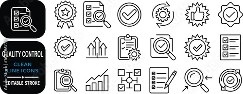 Quality control line icons for approvals checklists and progress analysis