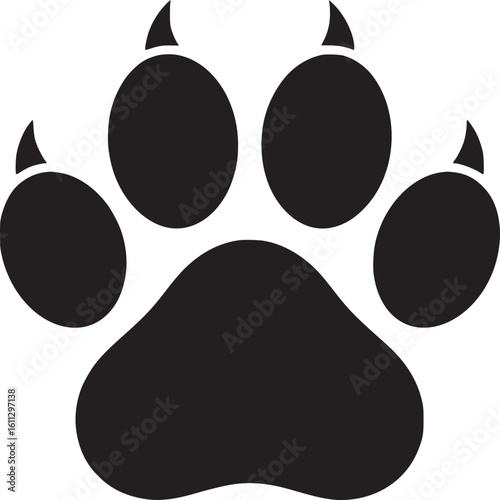 A black silhouette of a paw print with visible claws on a white background in a simple graphic style