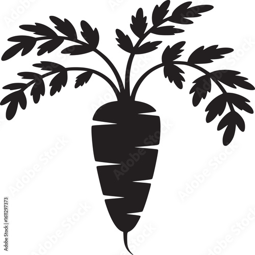 A black and white silhouette of a carrot with leaves on a white background in a simple illustration