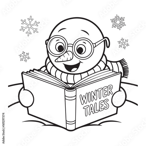 Snowman reading winter tales book with snowflakes around it