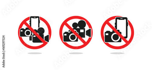 Prohibit sign of taking photo or movie and recording. No Photographing prohibition sign symbol icon. Video, photo, phone, prohibited logo pictogram