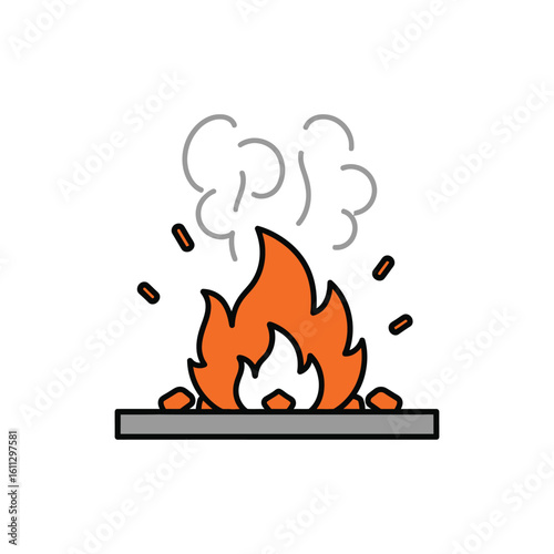 Illustration of a blazing forge fire with smoke and sparks, symbolizing the heat and energy of a blacksmith's craft and workshop